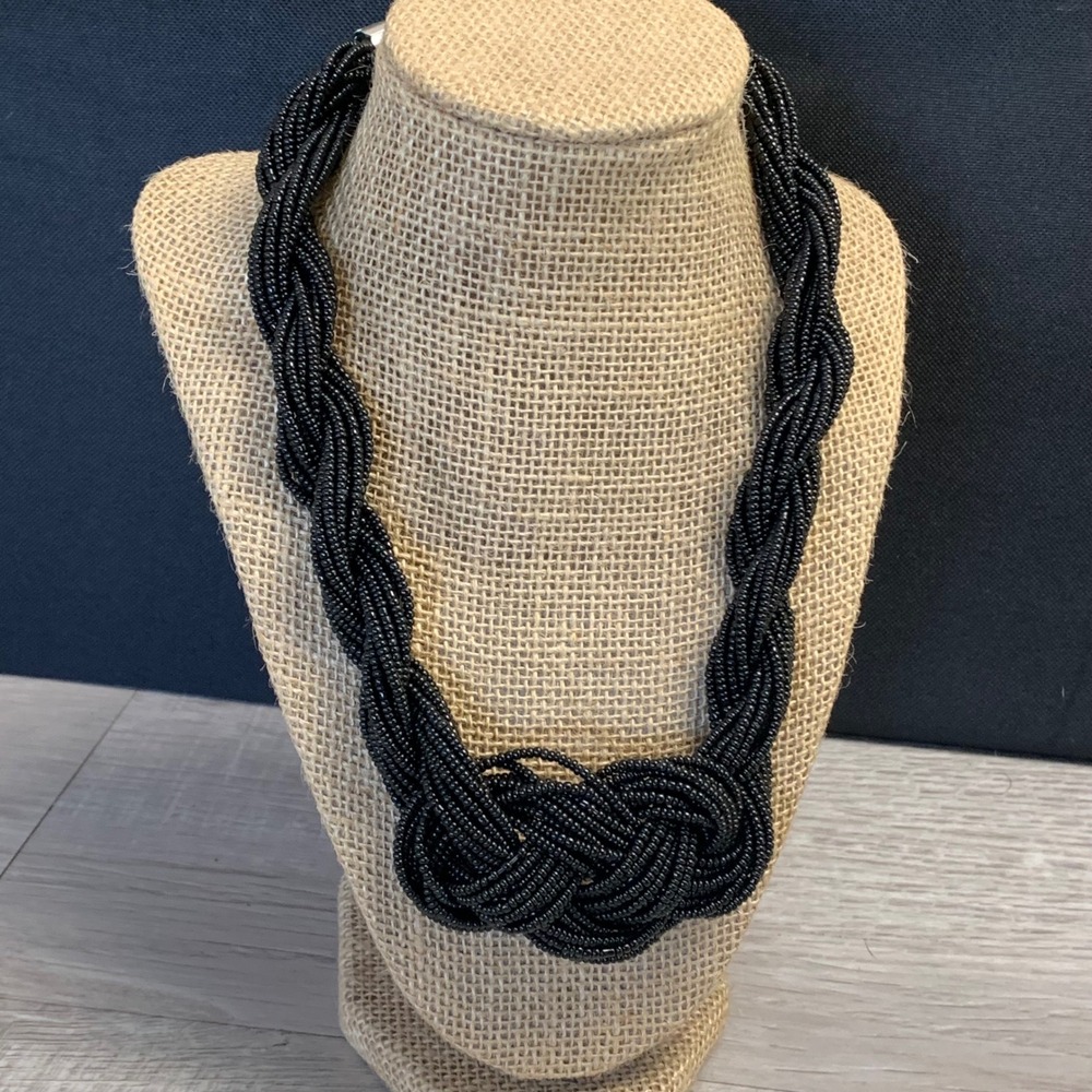 Black Multi Strand Seed Bead Braided Knot Bib Statement Necklace 16 Inch